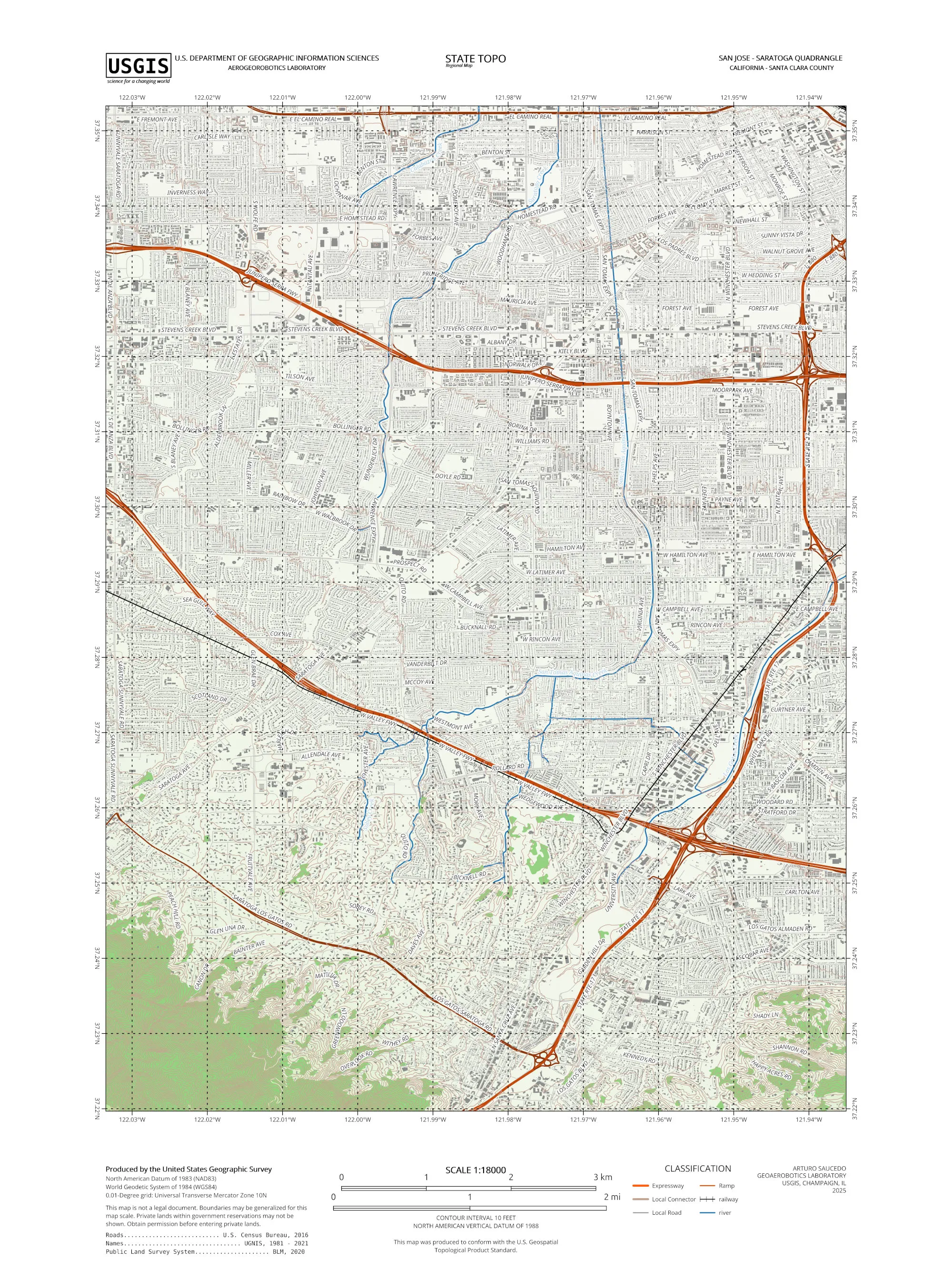 A topo + urban structures map of a region of Saratoga, CA